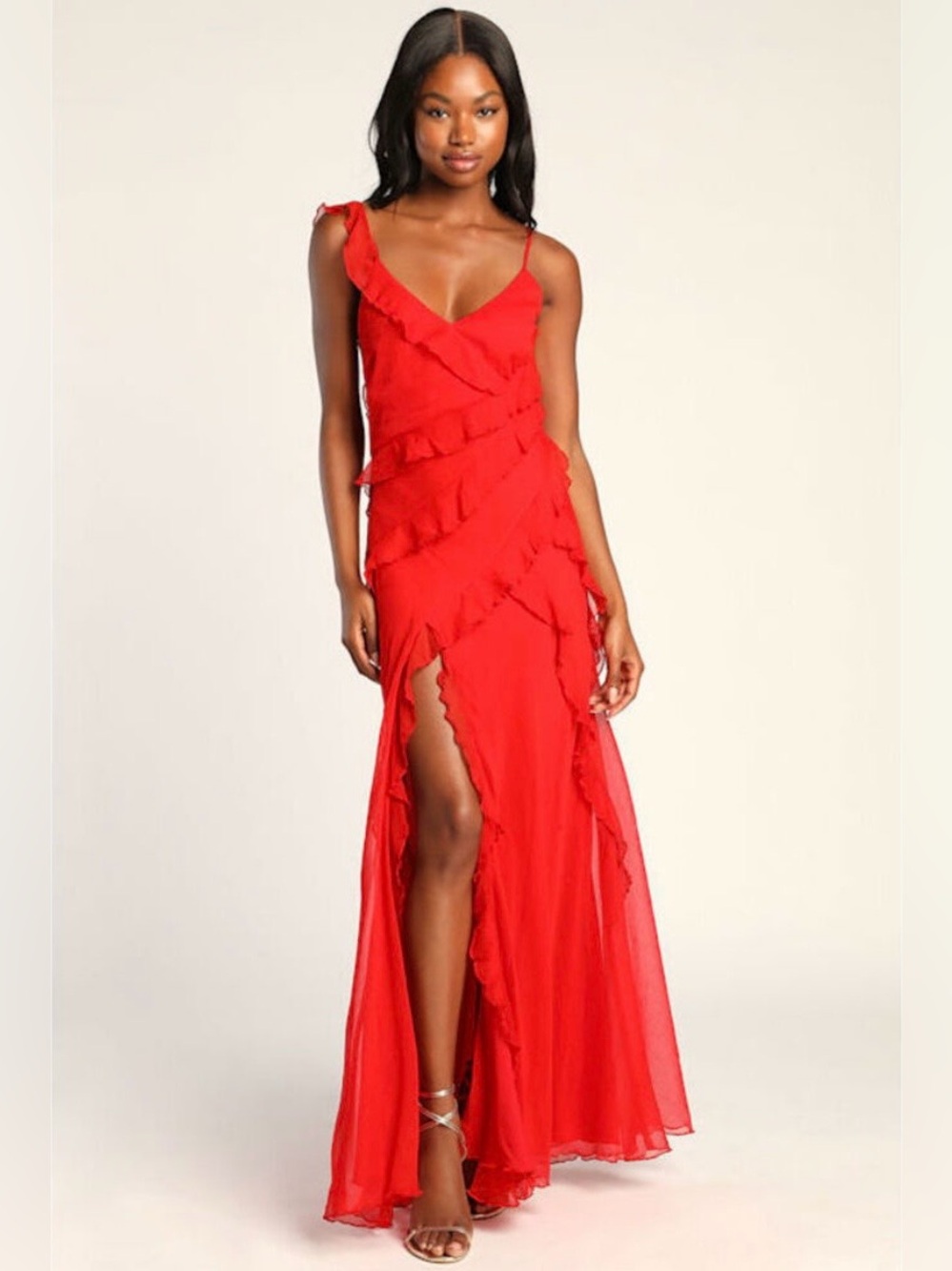 Red Tiered Ruffle Maxi Dress
